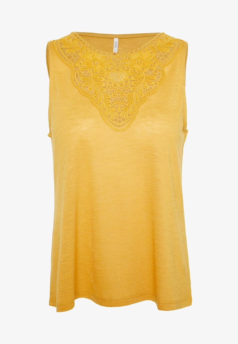 Bezrękawnik w żółtym kolorze z okrągłym dekoltem, zdobiony misterną koronką kwiatową na górnej części klatki piersiowej.