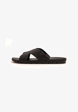 Sandalia negra con tiras entrecruzadas hechas de material texturizado, suela plana con un sutil patrón de tracción y un diseño minimalista.