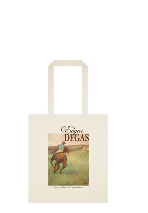 Bawełniana torba na ramię z nadrukiem tekstu Edgara Degasa oraz obrazem dżokeja w niebieskim ubraniu jadącego na kasztanowym koniu na trawiastym polu.
