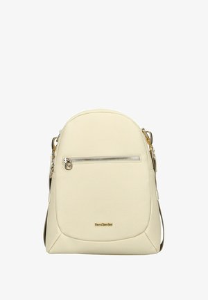 Cream-colored leather backpack with front zip pocket, gold-tone hardware, and adjustable shoulder straps.