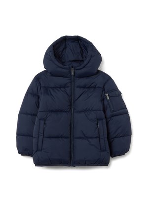 Navyblaue Daunenjacke mit Kapuze, Reißverschluss vorne und zwei Seitentaschen. Verfügt über ein gesteppte Design und elastische Bündchen.