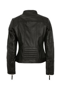 Schwarze Lederjacke mit taillierter Passform, Reißverschlussmanschetten und strukturierten Einsätzen auf dem Rücken. Verfügt über einen klassischen Kragen und eine glatte Oberfläche.