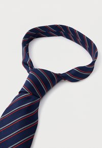 Granatowy krawat z ukośnymi czerwonymi i szarymi paskami, wykonany z gładkiej tkaniny, charakteryzujący się klasycznym wzorem i standardową szerokością. Widoczny zawiązany węzeł.