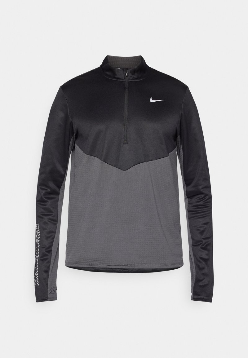 Black and gray Nike long-sleeve quarter-zip pullover, featuring a textured body, smooth sleeves, and a logo on the chest.