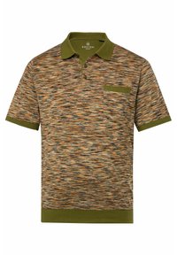 Kortärmad polo i en flerfärgad mönstring av brunt, grönt och beige, med krage, knappslå med tre knappar och en bröstficka.