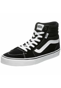 Zapatilla alta negra hecha de ante y lona, con cordones blancos, una franja lateral blanca y detalles de costura en la parte superior y la suela.