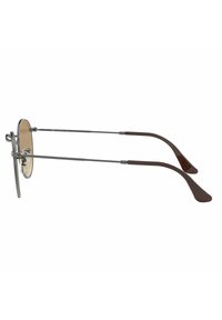 Occhiali da sole in metallo con lenti rotonde, tonalità marrone chiaro e bracci in acetato marrone. Caratterizzati da una montatura argentata e naselli regolabili.