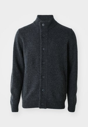 Dark gray cardigan made of knit fabric, featuring a ribbed neck, front button closure, and long sleeves with ribbed cuffs and hem.
