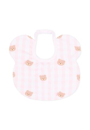 Śliniak dla niemowląt w różowe i białe paski w kształcie głowy misia, z zapięciem na zatrzask i małymi nadrukami z twarzami misiów wszędzie.