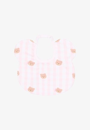 Bavetta per neonato a righe rosa e bianche a forma di testa di orso con chiusura a scatto e piccole stampe di facce di orsetti ovunque.