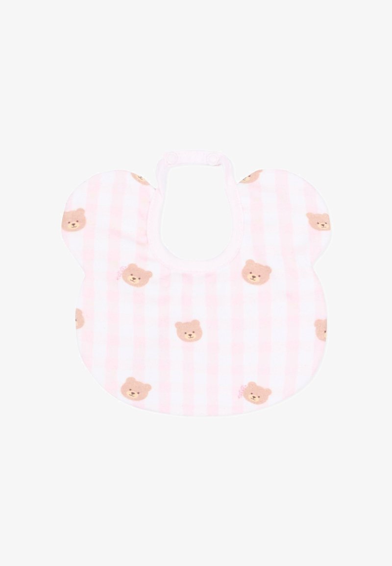 Bavoir bébé rayé rose et blanc en forme de tête d'ours avec fermeture pression et petits motifs de visage d'ourson partout.
