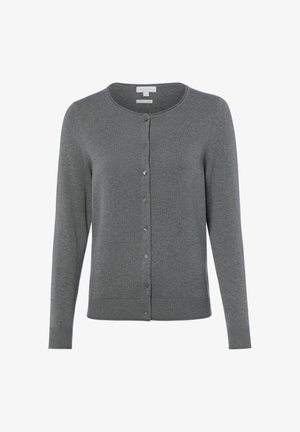 Graue langärmelige Strickjacke mit rundem Ausschnitt und durchgehender Knopfleiste, gerippte Bündchen und Saum, einfarbige Strickstruktur.