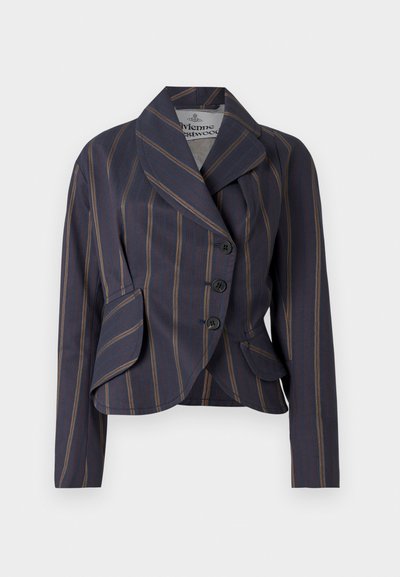 Granatowy i brązowy marynarka w paski z trzema guzikami, szerokimi klapami, długimi rękawami i dwiema przednimi kieszeniami z klapami.