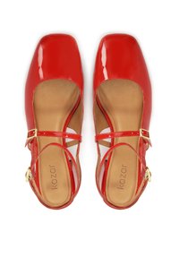 Red patent leather block-heel shoes with a square toe, cross straps, and a gold buckle accent. Soft beige insole, smooth finish.