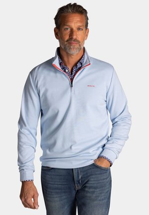 Man met grijze baard, gekleed in een lichtblauwe trui met kwartrits over een patroonhemd en een blauwe jeans, staand met één hand in de zak.