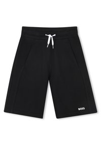 Shorts de sport noirs en matériau doux, avec une taille à cordon de serrage, des poches latérales et un accent logo "BOSS" blanc.