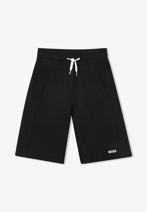 Zwarte sportieve shorts van zacht materiaal, met een tailleband met trekkoord, zijzakken en een witte "BOSS" logo-accent.