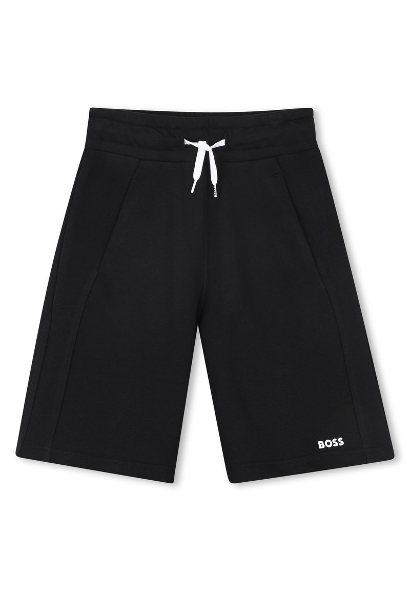 Shorts de sport noirs en matériau doux, avec une taille à cordon de serrage, des poches latérales et un accent logo "BOSS" blanc.