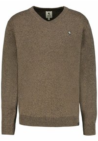 Un pull brun à col en V présente un tricot texturé, des poignets et un ourlet côtelés, ainsi qu'un petit logo sur la poitrine, mettant en valeur un mélange de fibres foncées et claires.