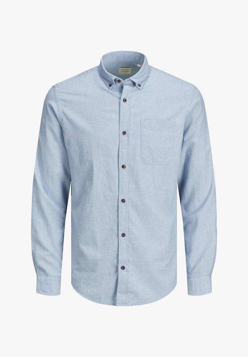 Light blue long-sleeve men's button-up shirt with buttoned collar and left chest pocket.