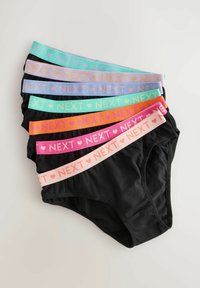 Culottes en coton noir avec des ceintures élastiques de marque colorées en rose, orange, bleu et violet, disposées en formation empilée.