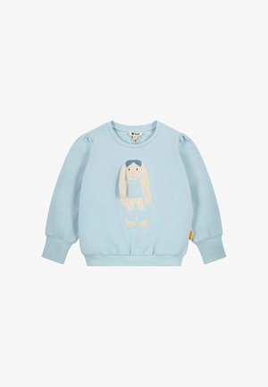 Light blue sweatshirt with long sleeves, featuring a textured, embroidered bunny design on the front and gathered cuffs at the hem.