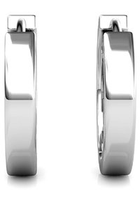 Zilveren hoepeloorbellen met een gladde, gepolijste oppervlakte, met een rechthoekige vorm en een slank ontwerp, die een hoogglanzende textuur benadrukken.
