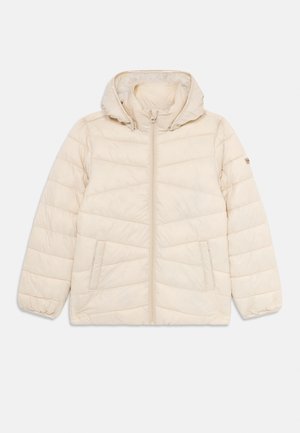 Beige quilted puffer jacket with hood, full front zipper, and two front pockets, shown flat on white background.