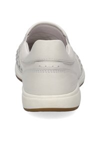 Weiße Ledersneaker mit gewebtem Design an den Seiten, abgerundetem Absatz und strukturiertem Gummisohle. Minimale Nähte und weiche Innenauskleidung.