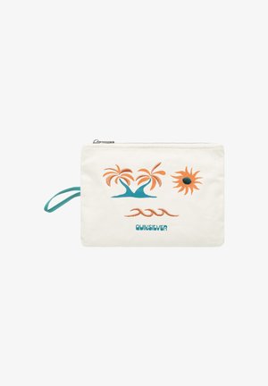 Off-white ritszak met geborduurde palmbomen en een zon in oranje en teal. Voorzien van een teal polsband en het Quiksilver-logo.