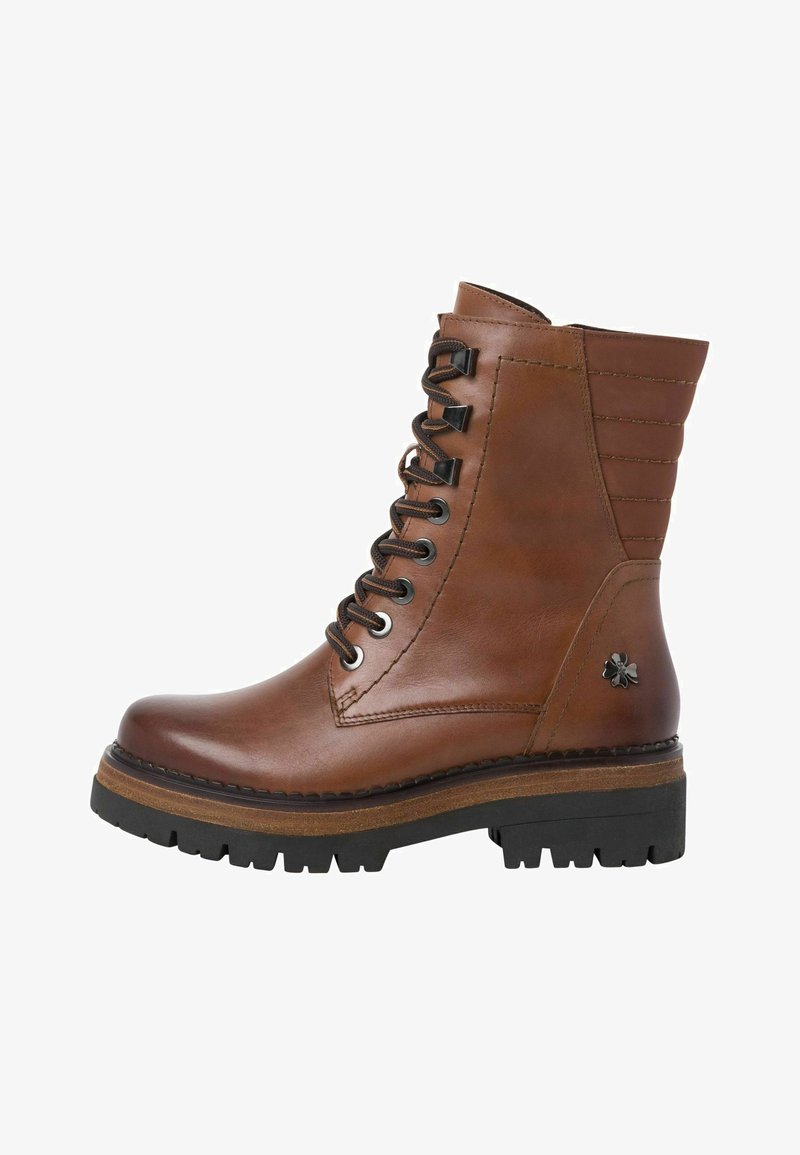 Braune Leder-Ankle-Boots mit Schnürverschluss, auffälliger Naht, schwarzem Beschlag und einer strukturierten Gummisohle. Verfügt über eine dekorative Blumenakzente.