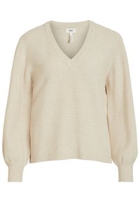Beige V-hals trui met ribbelstructuur, lange ballonmouwen en een ontspannen pasvorm. Gemaakt van een zachte gebreide stof.