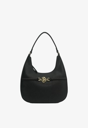 Borsa a tracolla in pelle nera con texture liscia, forma strutturata, accessori in metallo dorato e una chiusura decorativa con iniziali intrecciate.