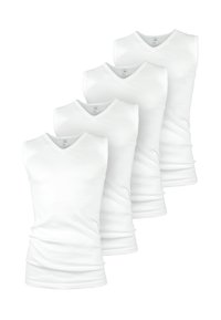 White sleeveless vests in a pack of four, featuring a V-neck design, smooth texture, and fitted shape. Ideal for layering or casual wear.