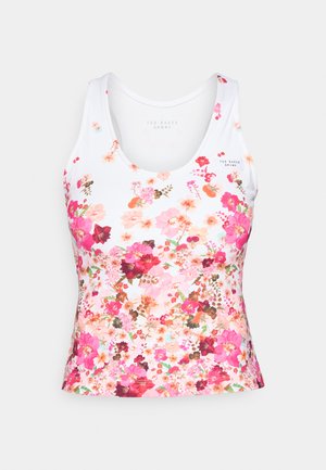 Blomstrende sports tanktop med hvid bund, prydet med pink, rød og ferskenfarvede blomster. Rund hals, uden ærmer og en tætsiddende silhuet.