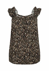 Brun ärmlös topp med ett leopardmönster, med volangdetaljer vid axlarna och en samlad halsringning. Lättviktig tygsammansättning, avslappnad design.