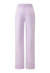 Lila wijde broek met een zachte textuur en elastische tailleband. Het ontwerp heeft strakke lijnen en een gladde afwerking, geschikt voor casual draagstijl.