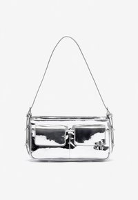Metallic silver handbag with a smooth texture, two front pockets, and a single shoulder strap. Includes decorative hardware accents.