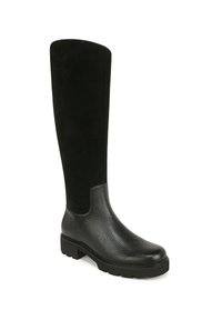 Stivale nero al ginocchio in pelle texturizzata, con tomaia in morbido suede nero e suola in gomma resistente con un leggero tacco.