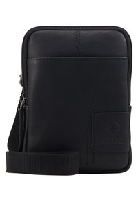 Portafoglio in pelle nera con chiusura zip, forma rettangolare e un design cucito. Presenta una tasca frontale con logo in rilievo e una tracolla.