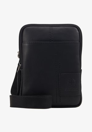 Sort læderpung med lynlås, rektangulær form og en syet design. Har en frontlomme med prægede logo og en strop.