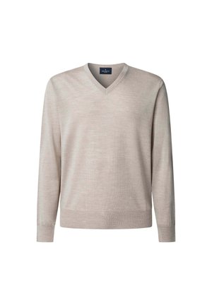 Beżowy sweter z długim rękawem i dekoltem w serek, z prążkowanymi mankietami i wykończeniem, wykonany z lekkiej dzianiny, oznaczony marką Hackett London.