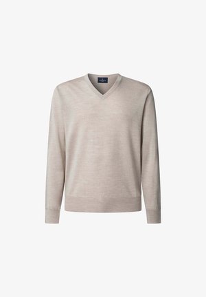 Beżowy sweter z długim rękawem i dekoltem w serek, z prążkowanymi mankietami i wykończeniem, wykonany z lekkiej dzianiny, oznaczony marką Hackett London.