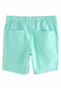 Shorts verde menta con vita elastica, due tasche posteriori e una texture liscia. Design semplice senza ulteriori motivi o accessori.