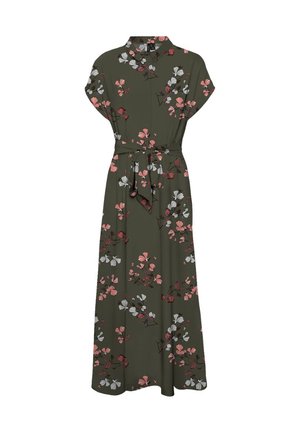 Maxikleid mit Blumenmuster in Dunkelgrün, kurzärmlig, mit Kragen, tailliertem Gürtel und fließendem Schnitt, verziert mit rosa und weißen Akzenten.