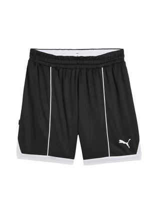 Shorts de sport noirs avec bordure blanche et rayures blanches verticales, dotés d'une taille élastique et d'un logo Puma blanc sur la jambe droite.