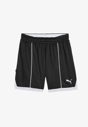 Pantaloncini sportivi neri con rifiniture bianche e righe verticali bianche, con elastico in vita e logo Puma bianco sulla gamba destra.
