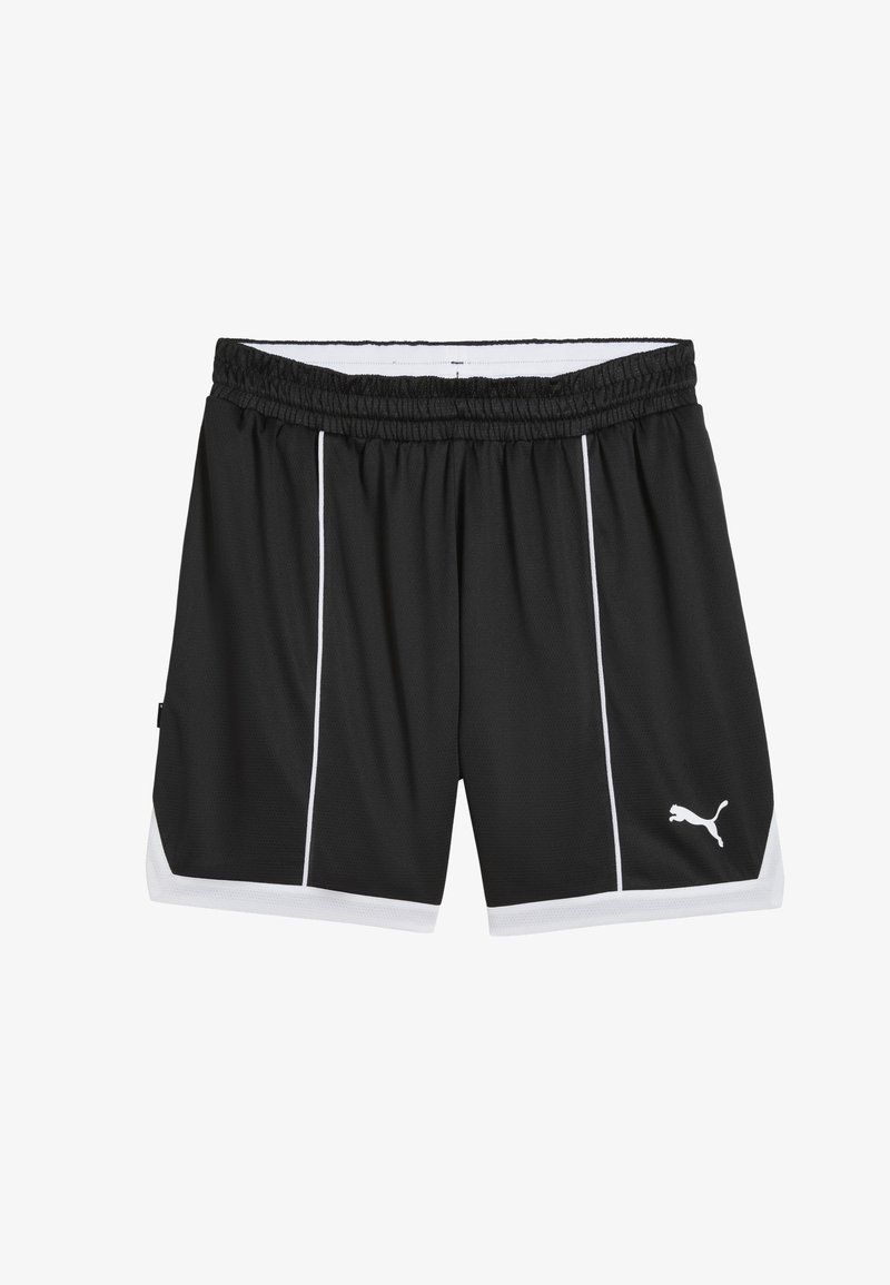 Shorts de sport noirs avec bordure blanche et rayures blanches verticales, dotés d'une taille élastique et d'un logo Puma blanc sur la jambe droite.