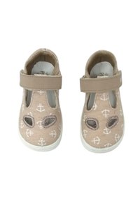 Scarpe in tessuto taupe con motivo a ancora, fianchi aperti, cinturino in velcro e suole bianche per una facile vestibilità. Adatte per un uso estivo informale.