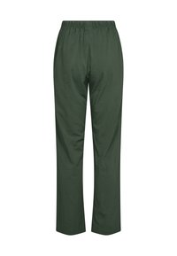 Green, lightweight, elastic-waist pants with a relaxed fit. Features a subtle textured pattern and straight leg design.